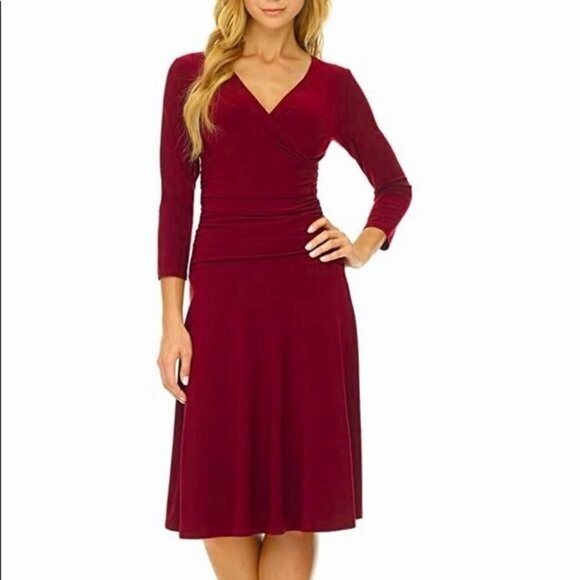 REKUCCI Dresses & Skirts - REKUCCI WOMEN'S SLIMMING 3/4 SLEEVE FIT AND FLARE CROSSOVER TUMMY CONTROL DRESS